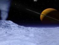 Une vue d'artiste de Saturne (imagée) depuis Encelade (concept) // Source : Wikipedia/CC/David Seal