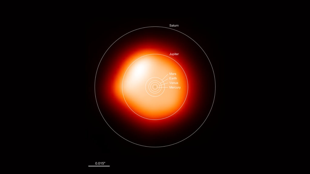 La taille de Bételgeuse, comparée à celle du Soleil. // Source : ALMA (ESO/NAOJ/NRAO)/E. O’Gorman/P. Kervella (photo recadrée) La taille de Bételgeuse, comparée à celle du Soleil. // Source : ALMA (ESO/NAOJ/NRAO)/E. O’Gorman/P. Kervella (photo recadrée)