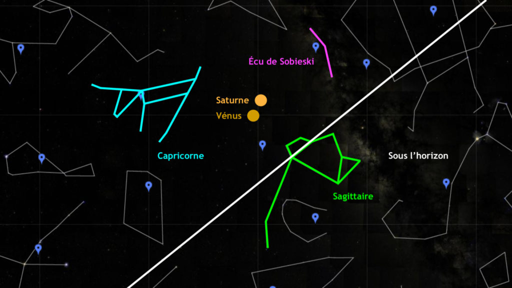 Vénus et Saturne dans le ciel le 11 novembre à 18h05, vues de Paris. // Source : Capture d'écran Google Sky, annotations Numerama Vénus et Saturne dans le ciel le 11 novembre à 18h05, vues de Paris. // Source : Capture d'écran Google Sky, annotations Numerama