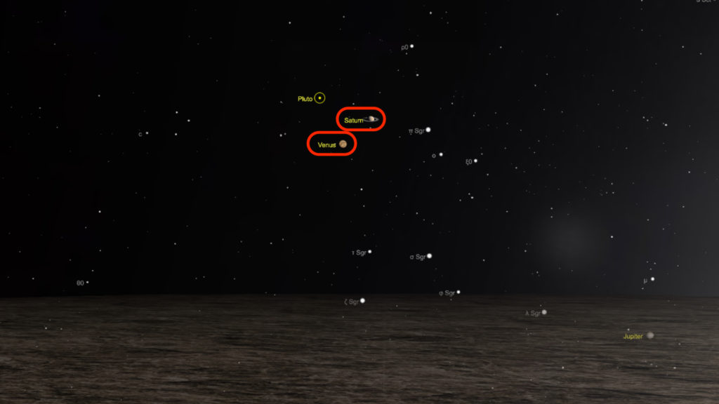 Saturne et Vénus devraient apparaître proches dans le ciel. // Source : Capture d'écran The Sky Live, annotations Numerama Saturne et Vénus devraient apparaître proches dans le ciel. // Source : Capture d'écran The Sky Live, annotations Numerama