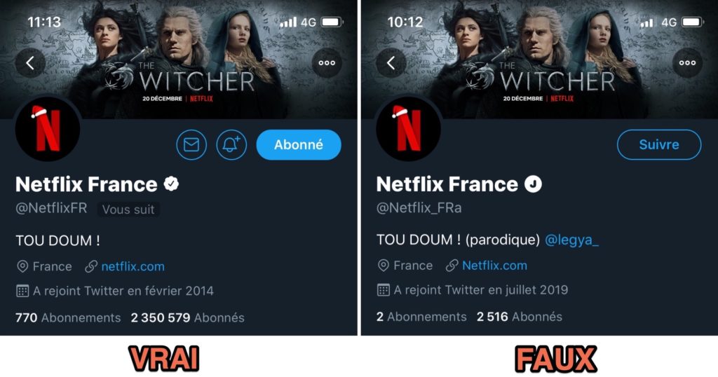 Comparaison du vrai et du faux compte Twitter Netflix France Comparaison du vrai et du faux compte Twitter Netflix France