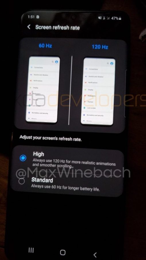 Samsung Galasy S20 et son écran 120 Hz // Source : XDA-Developers Samsung Galasy S20 et son écran 120 Hz // Source : XDA-Developers