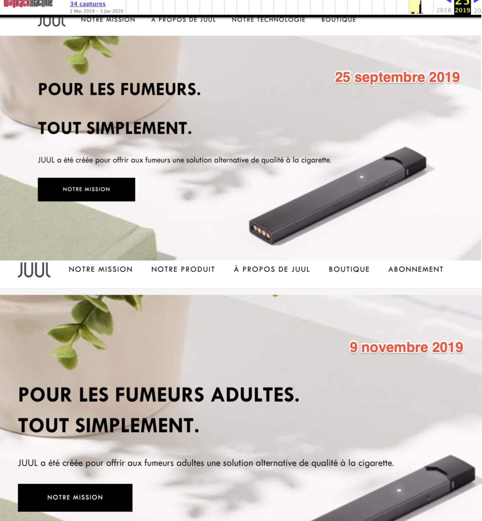 Le site JUUL.fr en septembre (haut) et en novembre (bas) // Source : JUUL.fr Le site JUUL.fr en septembre (haut) et en novembre (bas) // Source : JUUL.fr