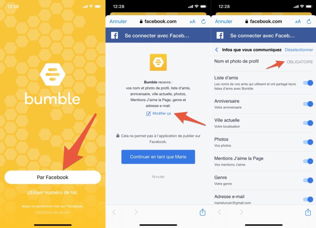 Ce qu'il se passe quand l'app Bumble vous demande une connexion via Facebook // Source : Capture Numerama Ce qu'il se passe quand l'app Bumble vous demande une connexion via Facebook // Source : Capture Numerama