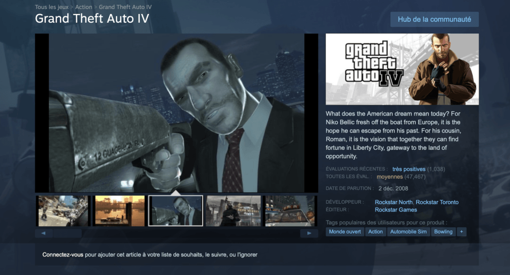 Page Steam de GTA IV // Source : Steam Page Steam de GTA IV // Source : Steam
