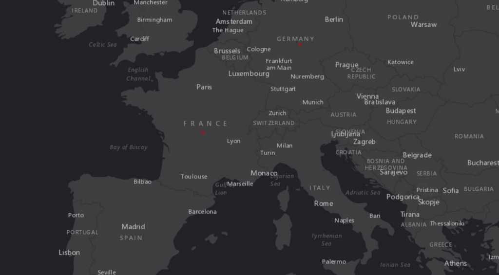 La France et l'Allemagne sont les deux pays européens où des cas du nouveau coronavirus ont été enregistrés, comme on peut le voir via les deux petits points rouge. // Source : John Hopkins University La France et l'Allemagne sont les deux pays européens où des cas du nouveau coronavirus ont été enregistrés, comme on peut le voir via les deux petits points rouge. // Source : John Hopkins University