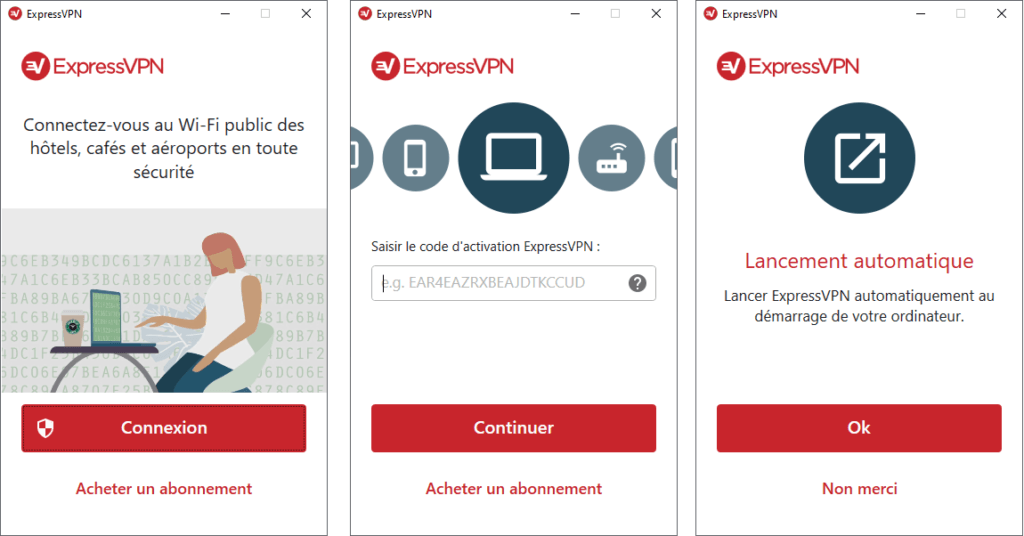 Sur Windows, l'installation est très simple. Pour se connecter, il suffit simplement d'entrer un code d'activation disponible sur son compte sur le site d'ExpressVPN. Sur Windows, l'installation est très simple. Pour se connecter, il suffit simplement d'entrer un code d'activation disponible sur son compte sur le site d'ExpressVPN.