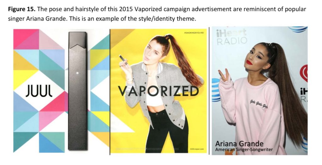 Une pub qui jouait sur la ressemblance avec la star Ariana Grande // Source : "JUUL Advertising Over its First Three Years on the Market" Une pub qui jouait sur la ressemblance avec la star Ariana Grande // Source : "JUUL Advertising Over its First Three Years on the Market"