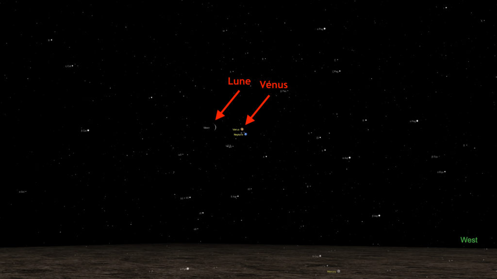 La Lune et Vénus vues de Paris le 28 janvier 2020 à 18h15. // Source : Capture d'écran The Sky Live, annotations Numerama La Lune et Vénus vues de Paris le 28 janvier 2020 à 18h15. // Source : Capture d'écran The Sky Live, annotations Numerama