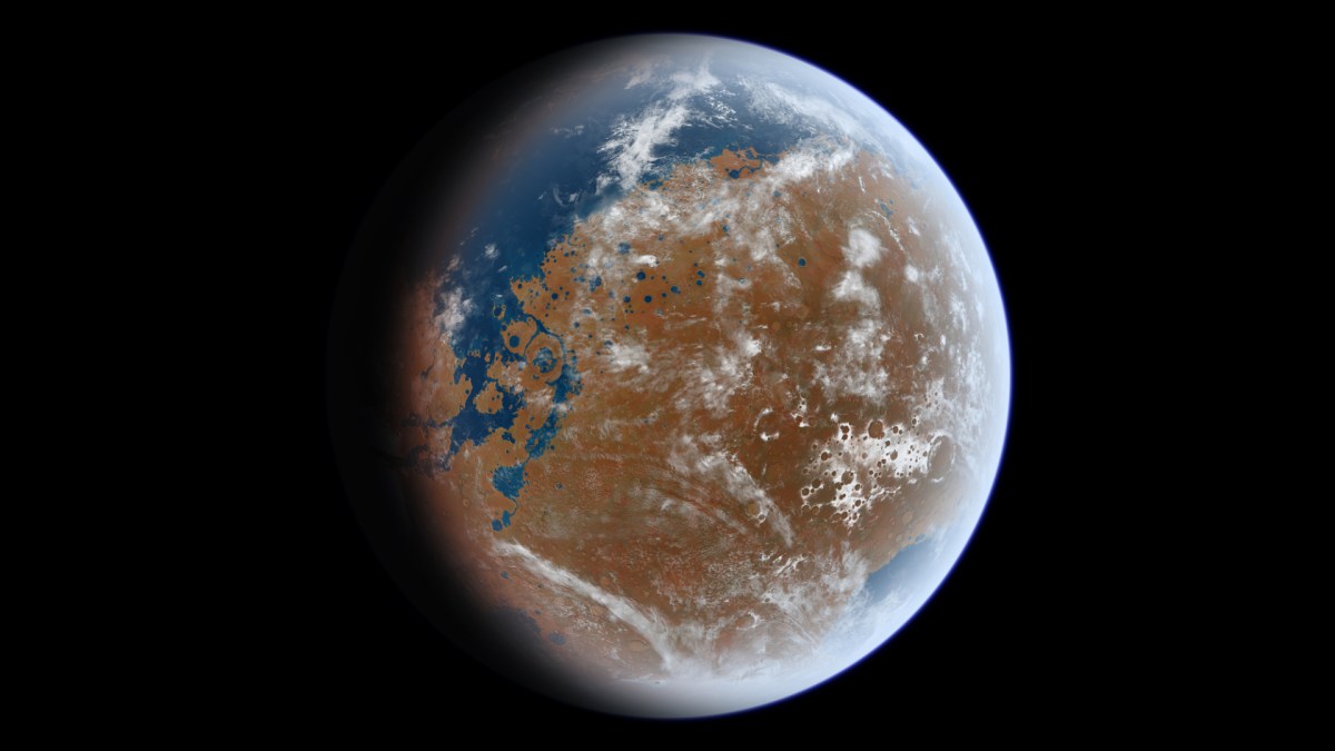 Une représentation de Mars couverte d'eau. // Source : Wikimedia/CC/Ittiz (photo recadrée et modifiée) Une représentation de Mars couverte d'eau. // Source : Wikimedia/CC/Ittiz (photo recadrée et modifiée)
