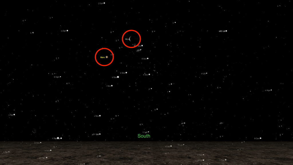 Mars et la Lune le 20 janvier 2020 à 8h vues de Paris. // Source : Capture d'écran The Sky Live, annotations Numerama Mars et la Lune le 20 janvier 2020 à 8h vues de Paris. // Source : Capture d'écran The Sky Live, annotations Numerama