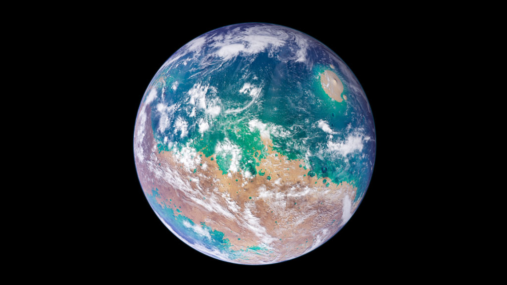Mars couverte par des océans. // Source : Flickr/CC/Kevin Gill (photo recadrée et modifiée) Mars couverte par des océans. // Source : Flickr/CC/Kevin Gill (photo recadrée et modifiée)