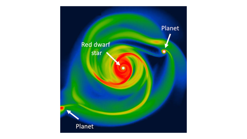 Représentation d'une planète géante en formation autour d'une naine rouge. // Source : UCLAN Représentation d'une planète géante en formation autour d'une naine rouge. // Source : UCLAN