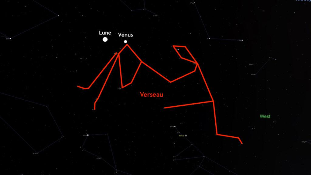 La conjonction a lieu dans la constellation du Verseau. // Source : Capture d'écran The Sky Live, annotations Numerama La conjonction a lieu dans la constellation du Verseau. // Source : Capture d'écran The Sky Live, annotations Numerama