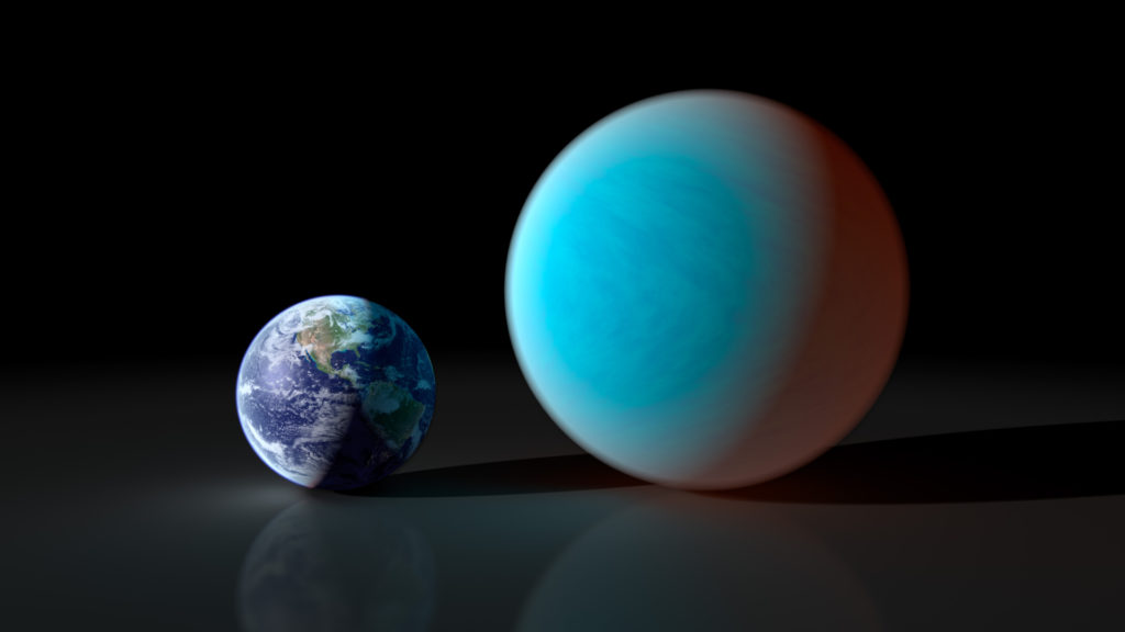 La taille de la Terre comparée à celle de la super-Terre 55 Cancri e. // Source : Wikimedia/CC/NASA/JPL-Caltech/R. Hurt (SSC) (photo recadrée) La taille de la Terre comparée à celle de la super-Terre 55 Cancri e. // Source : Wikimedia/CC/NASA/JPL-Caltech/R. Hurt (SSC) (photo recadrée)