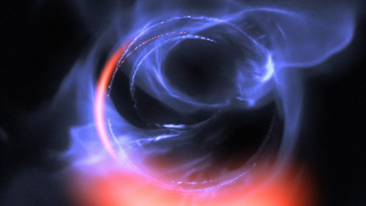 Une visualisation de la matière en orbite autour d'un trou noir. // Source : ESO/Gravity Consortium/L. Calçada (photo recadrée) Une visualisation de la matière en orbite autour d'un trou noir. // Source : ESO/Gravity Consortium/L. Calçada (photo recadrée)