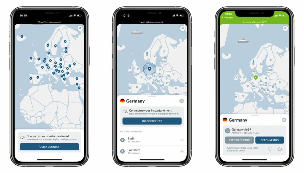 Sur mobile, la connexion à un serveur VPN est très facile. Depuis la carte du monde, il suffit de cliquer sur localisation, puis de cliquer sur le bouton « Quick Connect ». Quelques secondes plus tard, voici votre connexion Internet délocalisée en Allemagne. Sur mobile, la connexion à un serveur VPN est très facile. Depuis la carte du monde, il suffit de cliquer sur localisation, puis de cliquer sur le bouton « Quick Connect ». Quelques secondes plus tard, voici votre connexion Internet délocalisée en Allemagne.