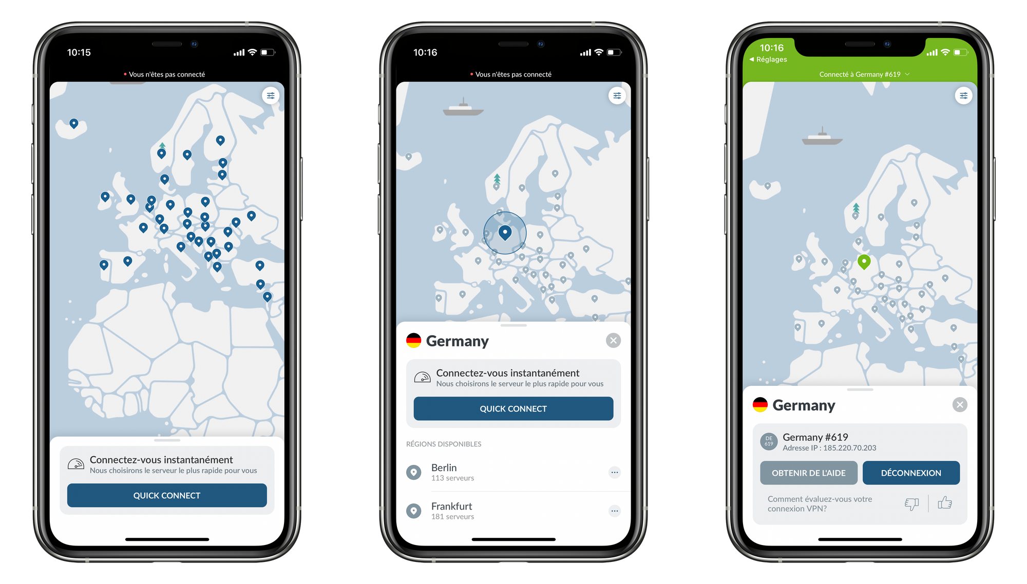 Sur mobile, la connexion à un serveur VPN est très facile. Depuis la carte du monde, il suffit de cliquer sur localisation, puis de cliquer sur le bouton « Quick Connect ». Quelques secondes plus tard, voici votre connexion Internet délocalisée en Allemagne.