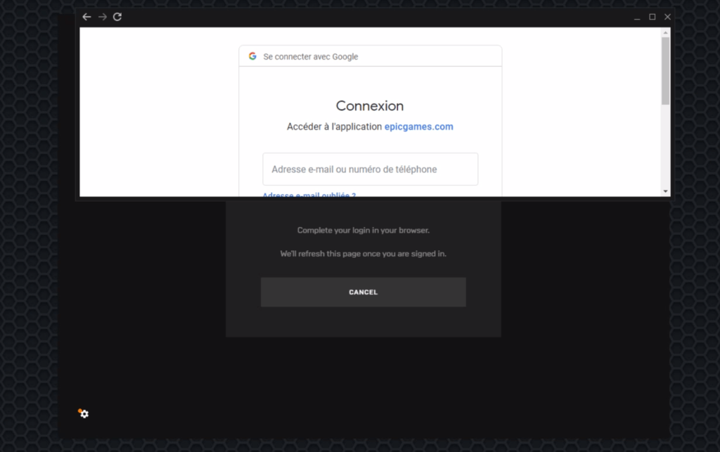 Voilà le topo : fenêtre Google dans fenêtre Epic Games Store dans fenêtre GeForce Now 😰 // Source : Capture d'écran Voilà le topo : fenêtre Google dans fenêtre Epic Games Store dans fenêtre GeForce Now 😰 // Source : Capture d'écran