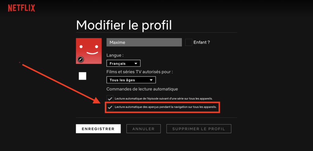 Netflix : désactivation des aperçus automatiques // Source : Capture Netflix Netflix : désactivation des aperçus automatiques // Source : Capture Netflix