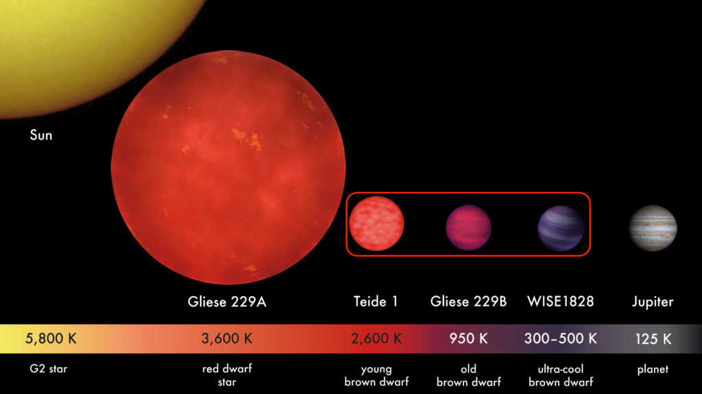 Comparaison entre des planètes, des étoiles et des naines brunes (dans l'encadré rouge). // Source : Wikimedia/CC/MPIA/V. Joergens (photo recadrée et annotée) Comparaison entre des planètes, des étoiles et des naines brunes (dans l'encadré rouge). // Source : Wikimedia/CC/MPIA/V. Joergens (photo recadrée et annotée)