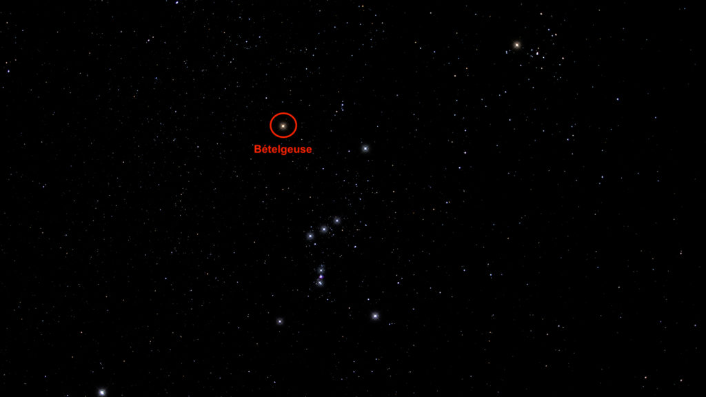 La position de Bételgeuse dans la constellation d'Orion. // Source : Flickr/CC/1CM69 (photo recadrée et annotée) La position de Bételgeuse dans la constellation d'Orion. // Source : Flickr/CC/1CM69 (photo recadrée et annotée)