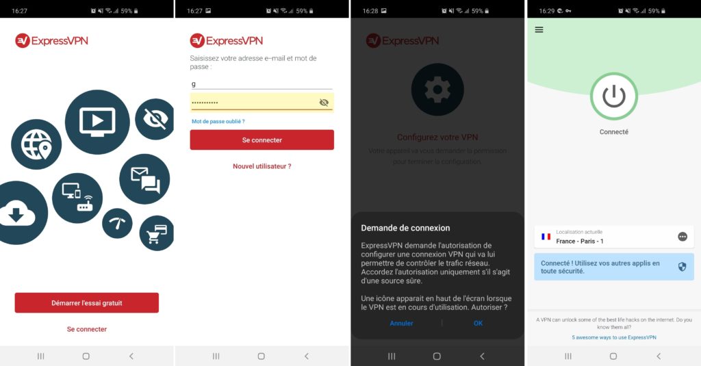 Depuis le Play Store, l'installation de l'application ExpressVPN est très simple. Une fois identifié, il suffit de donner l'autorisation de configurer une connexion VPN à l'application pour qu'elle fonctionne.