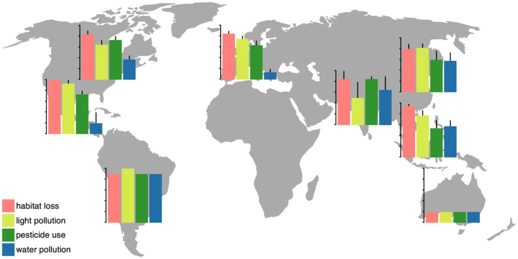 Carte du monde des menaces pesant sur les lucioles en fonction de chaque région. // Source : Sara Lewis & consorts / BioScience Carte du monde des menaces pesant sur les lucioles en fonction de chaque région. // Source : Sara Lewis & consorts / BioScience