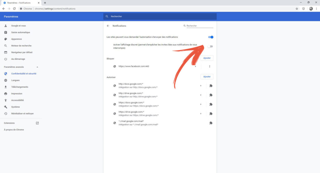 Google Chrome activation notifications discrètes Google Chrome activation notifications discrètes