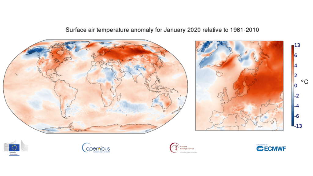Plus la zone est colorée en rouge, plus il y a un décalage haut par rapport à la moyenne 1981-2010. // Source : Climate Change Service Plus la zone est colorée en rouge, plus il y a un décalage haut par rapport à la moyenne 1981-2010. // Source : Climate Change Service