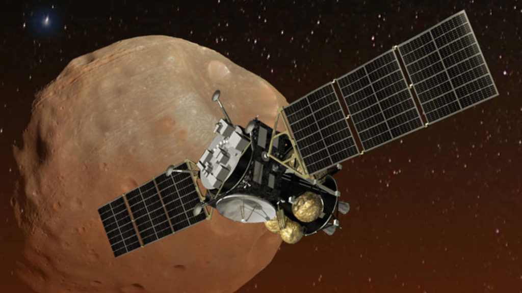 Vue d'artiste de la mission MMX. // Source : Wikimedia/CC/NASA (photo recadrée) Vue d'artiste de la mission MMX. // Source : Wikimedia/CC/NASA (photo recadrée)
