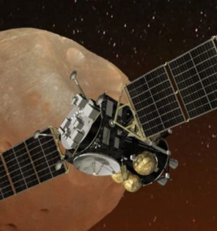 Vue d'artiste de la mission MMX. // Source : Wikimedia/CC/NASA (photo recadrée)