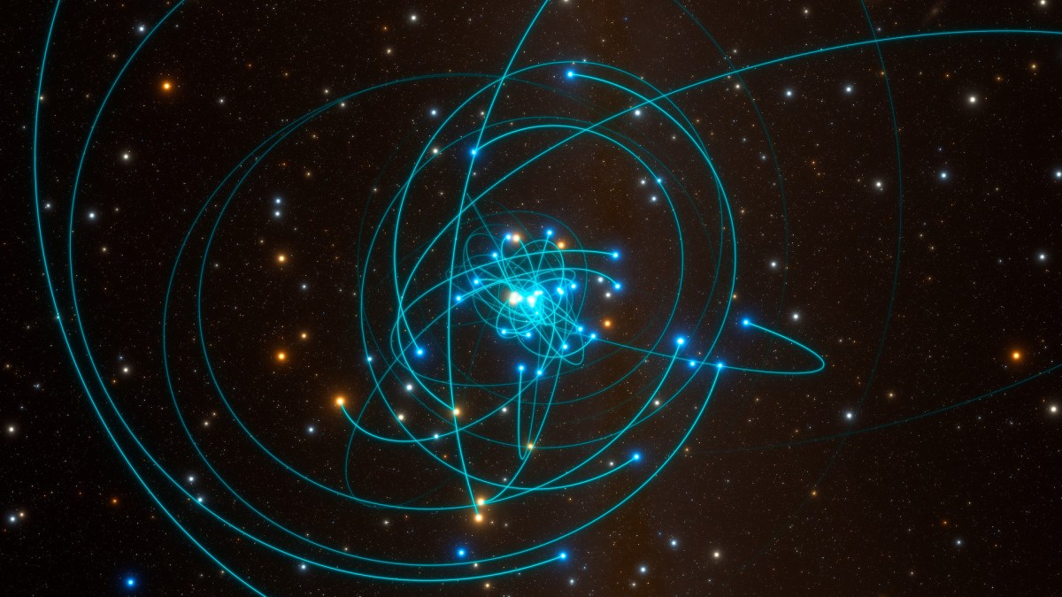 L'orbite de plusieurs étoiles autour du trou noir de la Voie lactée. // Source : ESO/L. Calçada/spaceengine.org (photo recadrée) L'orbite de plusieurs étoiles autour du trou noir de la Voie lactée. // Source : ESO/L. Calçada/spaceengine.org (photo recadrée)