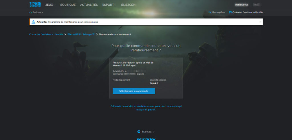 Remboursement de Warcraft III: Reforged // Source : Capture d'écran Remboursement de Warcraft III: Reforged // Source : Capture d'écran