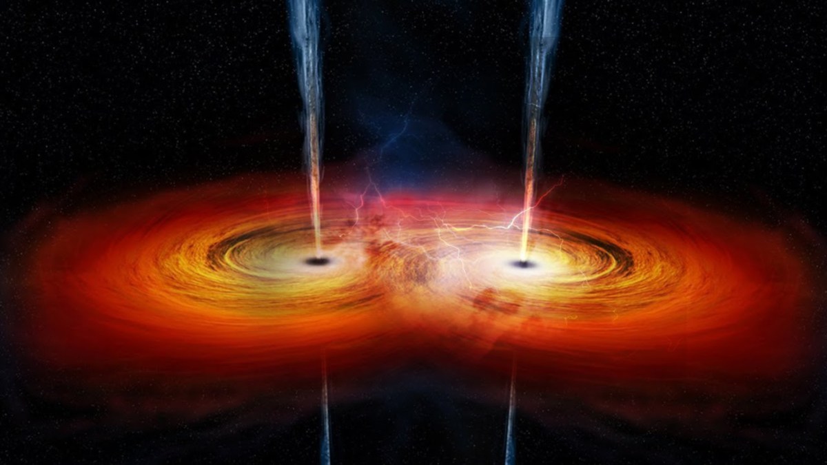 Deux trous noirs entrant en collision. // Source : Capture d'écran YouTube Mr Scientific Deux trous noirs entrant en collision. // Source : Capture d'écran YouTube Mr Scientific