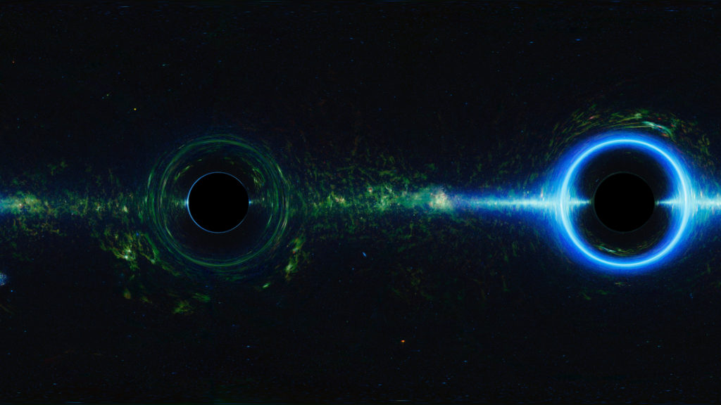Représentation de deux trous noirs en orbite. // Source : NASA’s Goddard Space Flight Center; background, NASA/JPL-Caltech/UCLA (photo recadrée) Représentation de deux trous noirs en orbite. // Source : NASA’s Goddard Space Flight Center; background, NASA/JPL-Caltech/UCLA (photo recadrée)