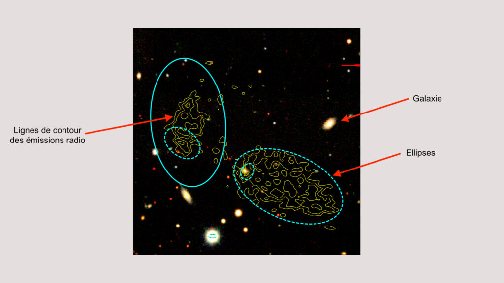 Un exemple de signaux repérés. // Source : Radio Galaxy Zoo (annotations Numerama) Un exemple de signaux repérés. // Source : Radio Galaxy Zoo (annotations Numerama)