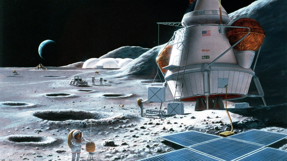 Vue d'artiste d'une base lunaire. // Source : Wikimedia/CC/NASA/SAIC/Pat Rawlings (photo recadrée) Vue d'artiste d'une base lunaire. // Source : Wikimedia/CC/NASA/SAIC/Pat Rawlings (photo recadrée)