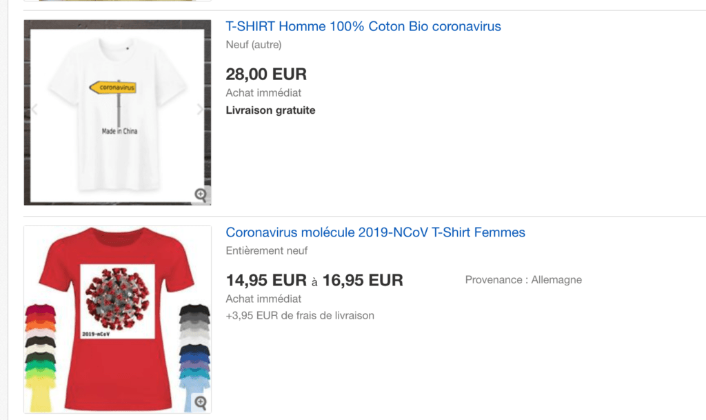 Recherche "coronavirus" sur ebay le 5 mars 2020 // Source : Ebay Recherche "coronavirus" sur ebay le 5 mars 2020 // Source : Ebay