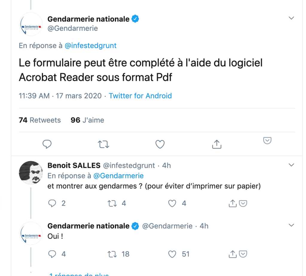 La gendarmerie nationale confirme qu'une attestation virtuelle sur smartphone est suffisante // Source : Twitter/Gendarmerie nationale La gendarmerie nationale confirme qu'une attestation virtuelle sur smartphone est suffisante // Source : Twitter/Gendarmerie nationale