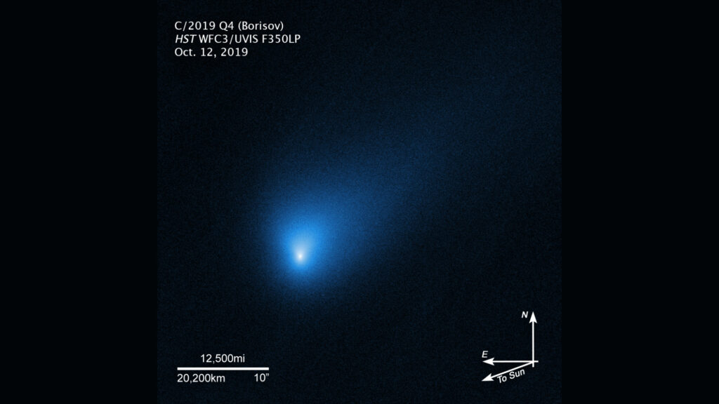 La comète interstellaire Borisov observée en octobre dernier. // Source : Wikimedia/CC/NASA, ESA, and D. Jewitt (University of California, Los Angeles) (photo recadrée) La comète interstellaire Borisov observée en octobre dernier. // Source : Wikimedia/CC/NASA, ESA, and D. Jewitt (University of California, Los Angeles) (photo recadrée)