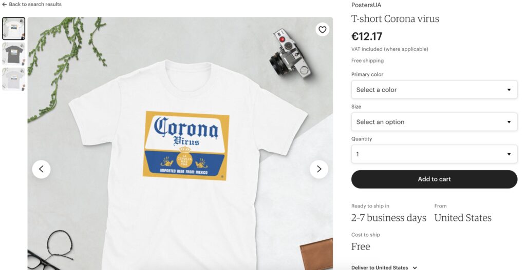 Des articles sur le Coronavirus mis en vente // Source : Etsy.com Des articles sur le Coronavirus mis en vente // Source : Etsy.com