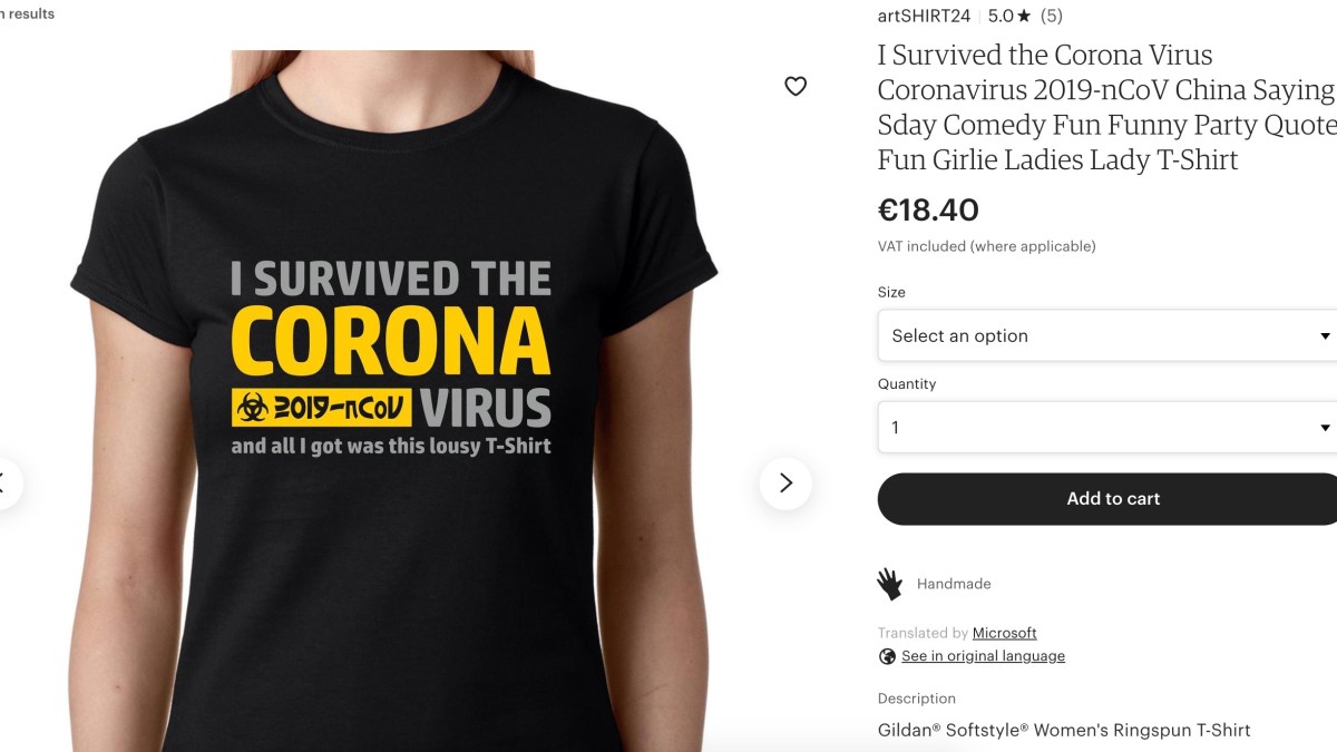 Des articles sur le Coronavirus mis en vente // Source : Etsy.com Des articles sur le Coronavirus mis en vente // Source : Etsy.com