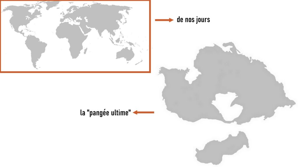 Comparaison entre la carte du monde actuelle et ce à quoi ressemblerait la pangée ultime. // Source : Numerama Comparaison entre la carte du monde actuelle et ce à quoi ressemblerait la pangée ultime. // Source : Numerama