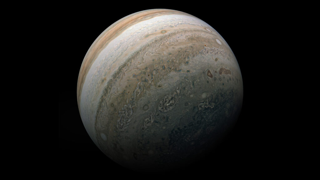 Jupiter observée par Juno le 17 février 2020. // Source : NASA/JPL-Caltech/SwRI/MSSS (photo recadrée) Jupiter observée par Juno le 17 février 2020. // Source : NASA/JPL-Caltech/SwRI/MSSS (photo recadrée)