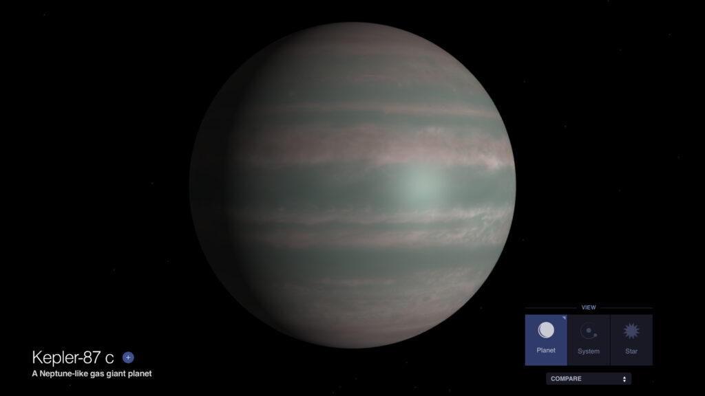 Vue d'artiste de l'exoplanète Kepler-87 c. // Source : Capture d'écran exoplanets.nasa.gov Vue d'artiste de l'exoplanète Kepler-87 c. // Source : Capture d'écran exoplanets.nasa.gov