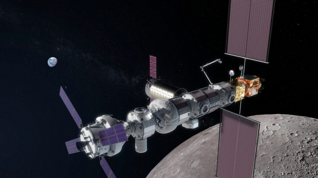 Vue d'artiste du Lunar Gateway. // Source : Wikimedia/CC/NASA Vue d'artiste du Lunar Gateway. // Source : Wikimedia/CC/NASA
