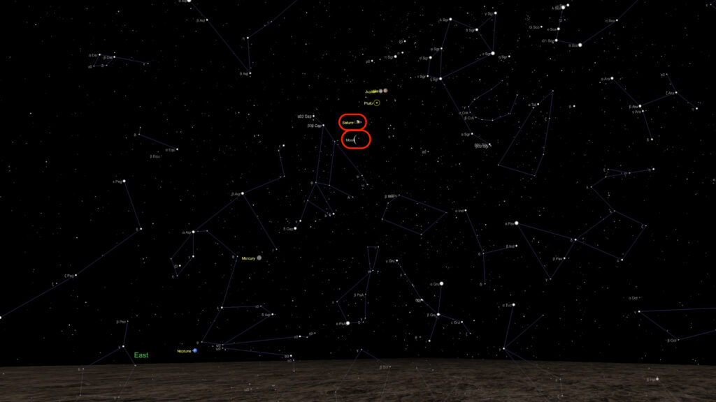 Le rapprochement entre la Lune et Saturne le 19 mars 2020 à 6h30. // Source : Capture d'écran The Sky Live, annotations Numerama Le rapprochement entre la Lune et Saturne le 19 mars 2020 à 6h30. // Source : Capture d'écran The Sky Live, annotations Numerama