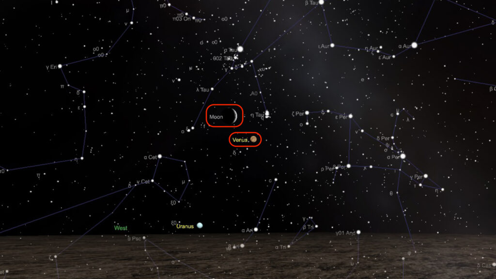 Vénus et la Lune le 28 mars à 20h45. // Source : Capture d'écran The Sky Live, annotations Numerama Vénus et la Lune le 28 mars à 20h45. // Source : Capture d'écran The Sky Live, annotations Numerama