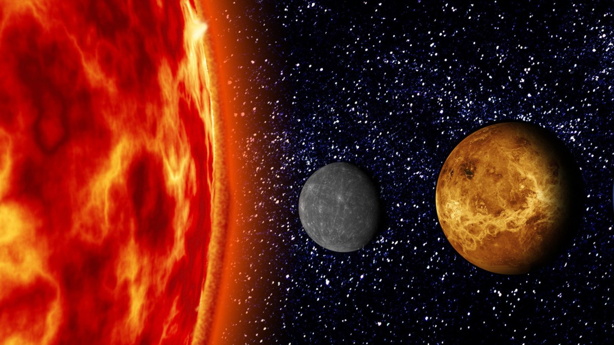 Vue d'artiste du Soleil, de Mercure et de Vénus (pas à l'échelle). // Source : Pxhere/CC0 Domaine public (photo recadrée) Vue d'artiste du Soleil, de Mercure et de Vénus (pas à l'échelle). // Source : Pxhere/CC0 Domaine public (photo recadrée)